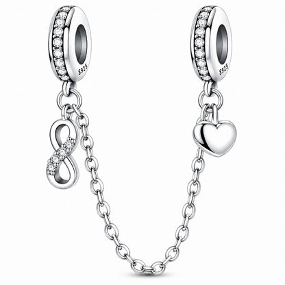 Infinity Heart Safety Chain Sterling Silver Charm Hallmarked S925 for Charm Bracelet and Necklace