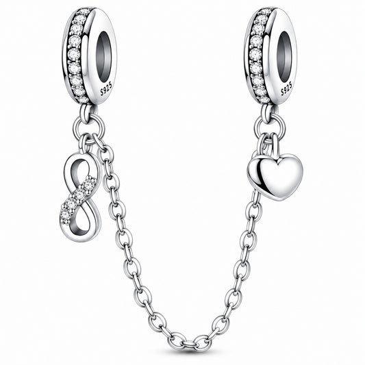 Infinity Heart Safety Chain Sterling Silver Charm Hallmarked S925 for Charm Bracelet and Necklace