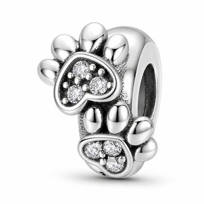 Hearts and Paw Print Spacer Sterling Silver Charm Hallmarked S925 for Charm Bracelet and Necklace