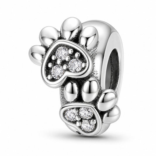 Hearts and Paw Print Spacer Sterling Silver Charm Hallmarked S925 for Charm Bracelet and Necklace
