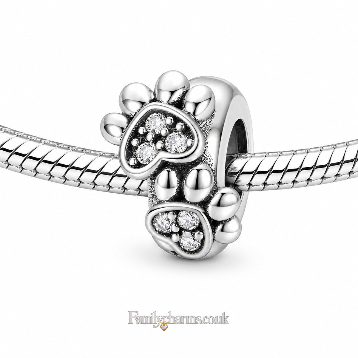 Hearts and Paw Print Spacer Sterling Silver Charm Hallmarked S925 for Charm Bracelet and Necklace