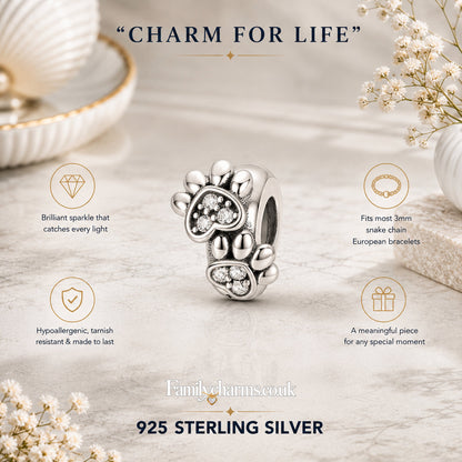 Hearts and Paw Print Spacer Sterling Silver Charm Hallmarked S925 for Charm Bracelet and Necklace