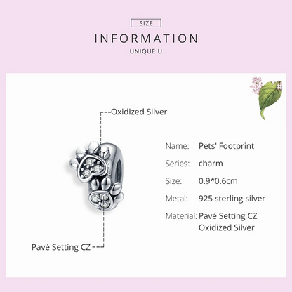 Hearts and Paw Print Spacer Sterling Silver Charm Hallmarked S925 for Charm Bracelet and Necklace