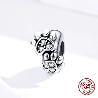 Hearts and Paw Print Spacer Sterling Silver Charm Hallmarked S925 for Charm Bracelet and Necklace