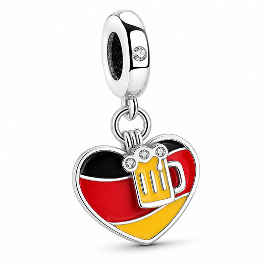 Heart with Beer Nation Flag Charm Hallmarked S925 for Charm Bracelet and Necklace
