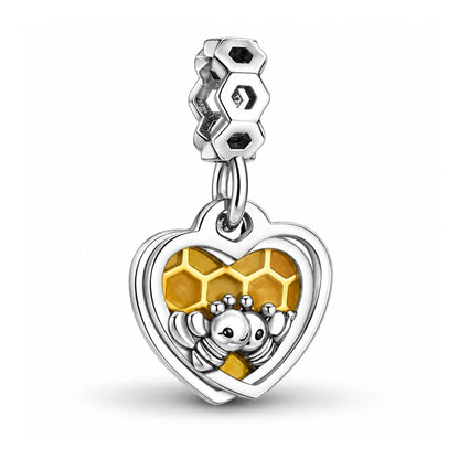 Honey Bee Honeycomb Heart Dangle Sterling Silver Charm Hallmarked S925 for Charm Bracelet and Necklace