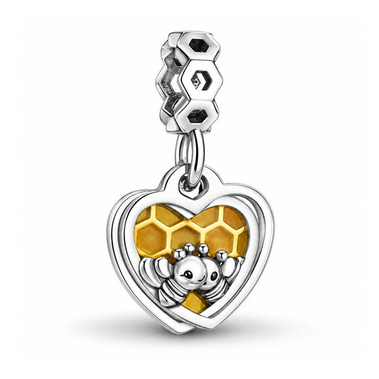 Honey Bee Honeycomb Heart Dangle Sterling Silver Charm Hallmarked S925 for Charm Bracelet and Necklace