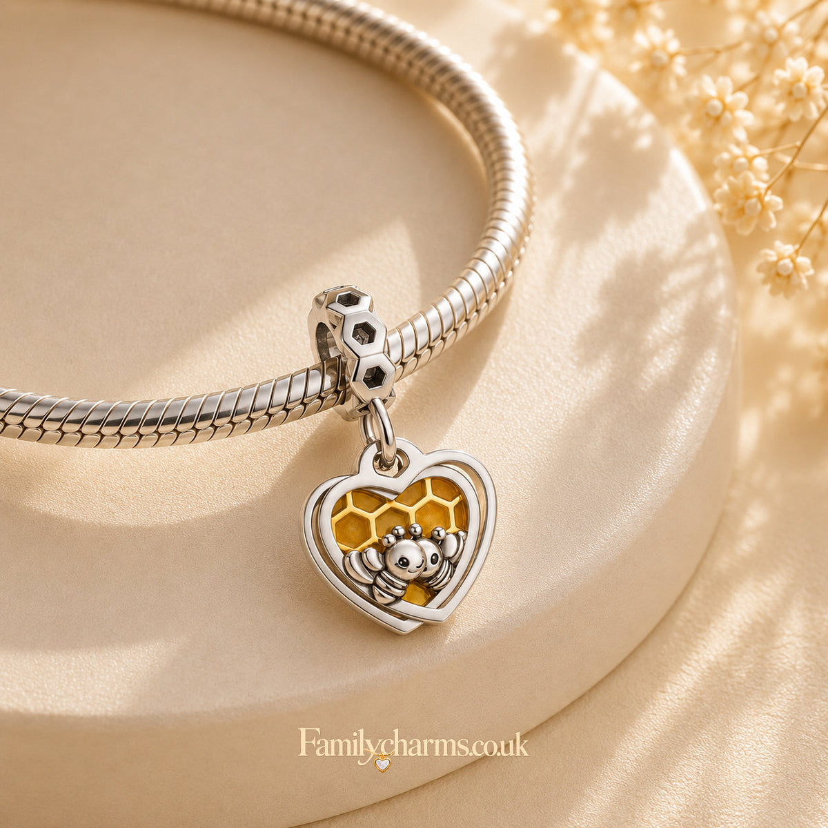 Honey Bee Honeycomb Heart Dangle Sterling Silver Charm Hallmarked S925 for Charm Bracelet and Necklace