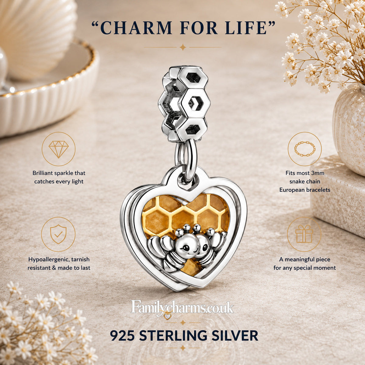 Honey Bee Honeycomb Heart Dangle Sterling Silver Charm Hallmarked S925 for Charm Bracelet and Necklace