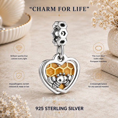 Honey Bee Honeycomb Heart Dangle Sterling Silver Charm Hallmarked S925 for Charm Bracelet and Necklace