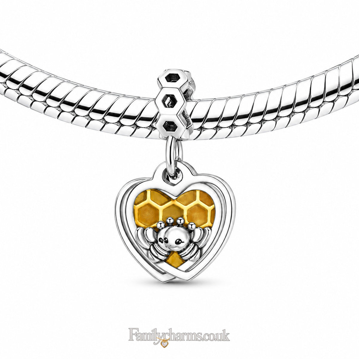 Honey Bee Honeycomb Heart Dangle Sterling Silver Charm Hallmarked S925 for Charm Bracelet and Necklace