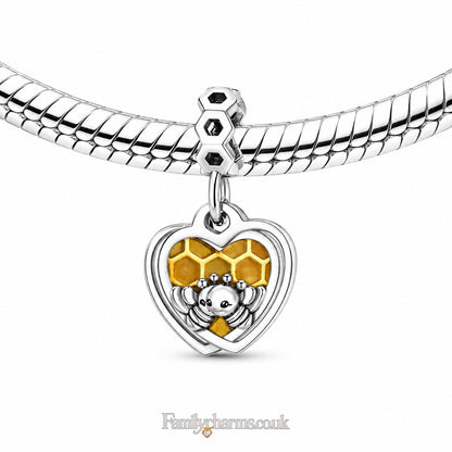 Honey Bee Honeycomb Heart Dangle Sterling Silver Charm Hallmarked S925 for Charm Bracelet and Necklace