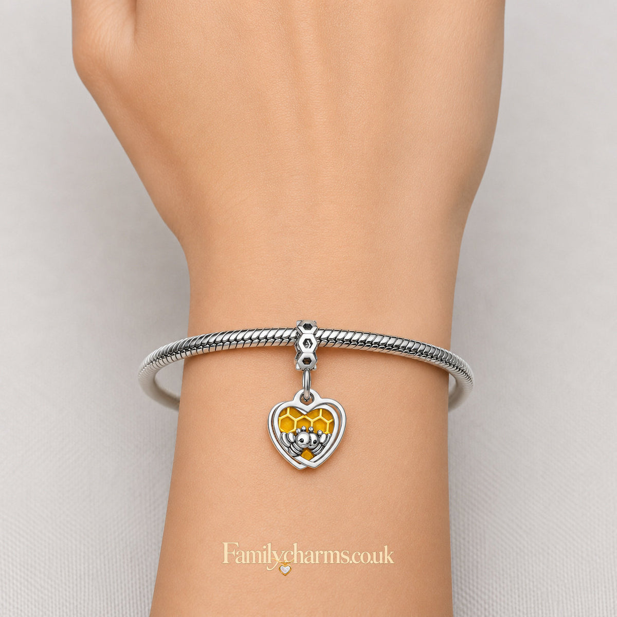 Honey Bee Honeycomb Heart Dangle Sterling Silver Charm Hallmarked S925 for Charm Bracelet and Necklace