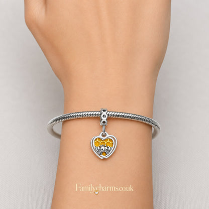 Honey Bee Honeycomb Heart Dangle Sterling Silver Charm Hallmarked S925 for Charm Bracelet and Necklace