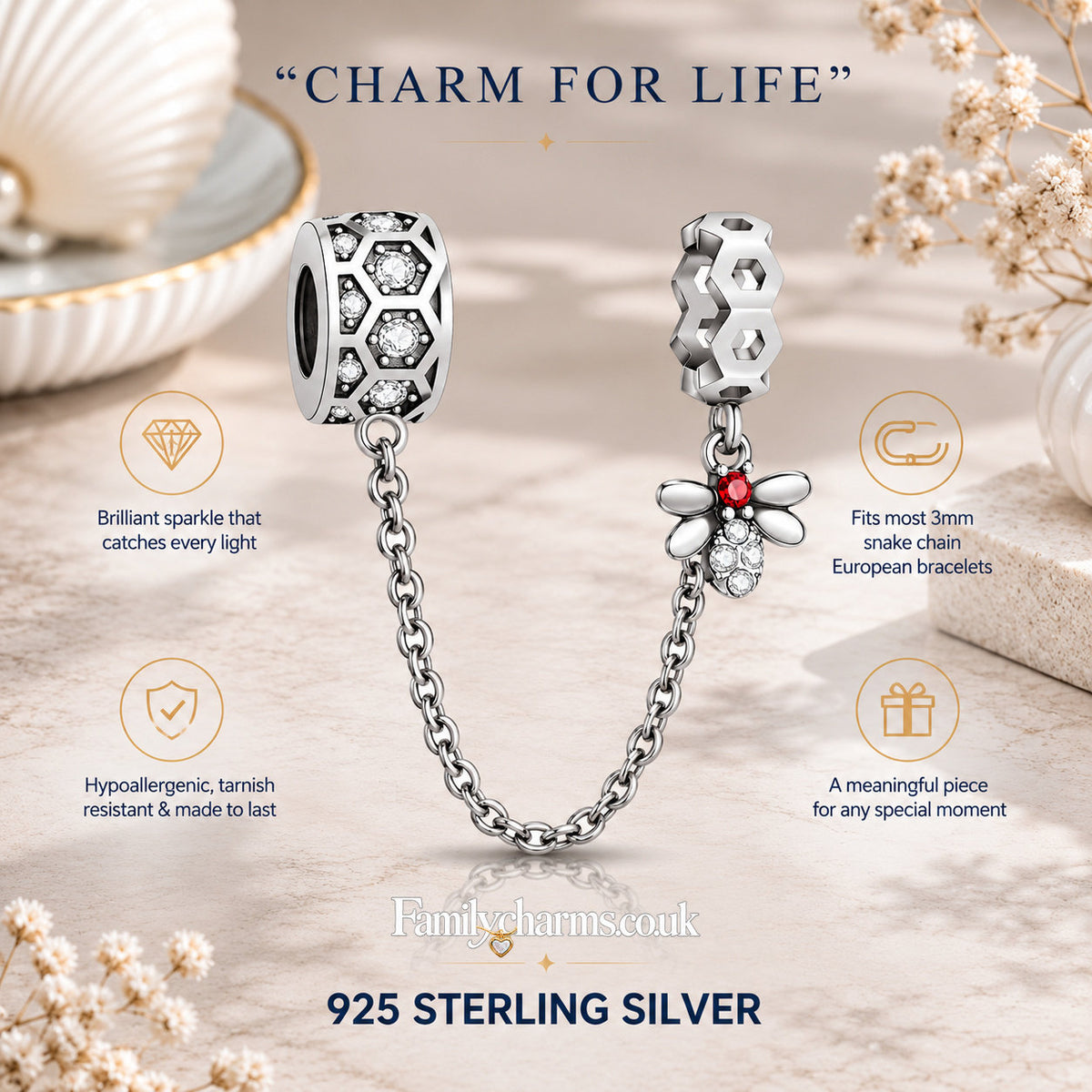 Honey Bee Safety Chain Sterling Silver Charm Hallmarked S925 for Charm Bracelet and Necklace