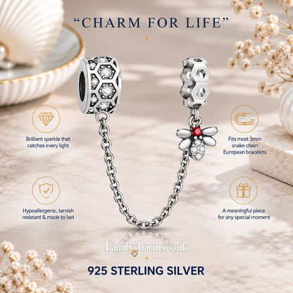 Honey Bee Safety Chain Sterling Silver Charm Hallmarked S925 for Charm Bracelet and Necklace