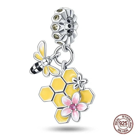 Honeycomb and Honey Bee Dangle Charm for Bracelet, S925 Sterling Silver