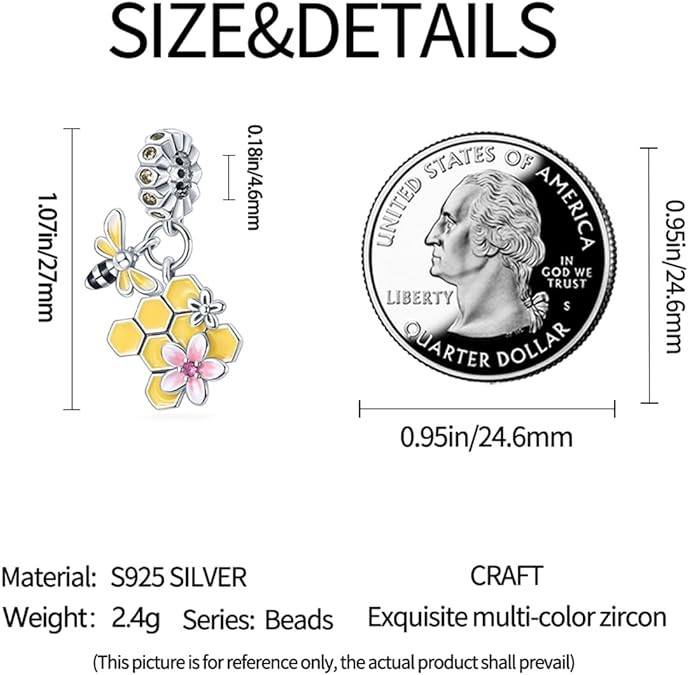 Honeycomb and Honey Bee Dangle Charm for Bracelet, S925 Sterling Silver