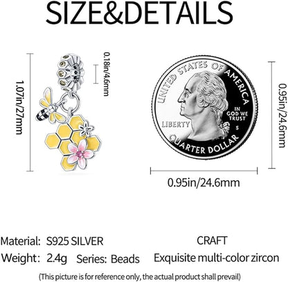 Honeycomb and Honey Bee Dangle Charm for Bracelet, S925 Sterling Silver