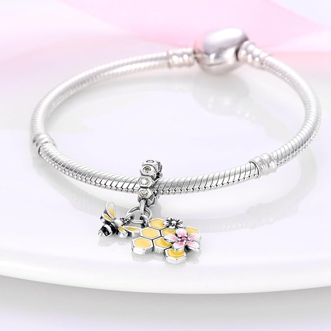 Honeycomb and Honey Bee Dangle Charm for Bracelet, S925 Sterling Silver