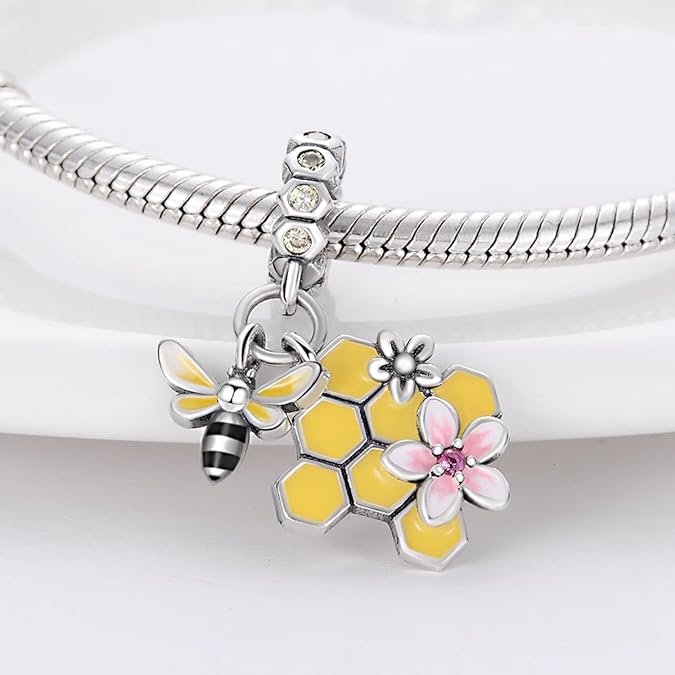 Honeycomb and Honey Bee Dangle Charm for Bracelet, S925 Sterling Silver