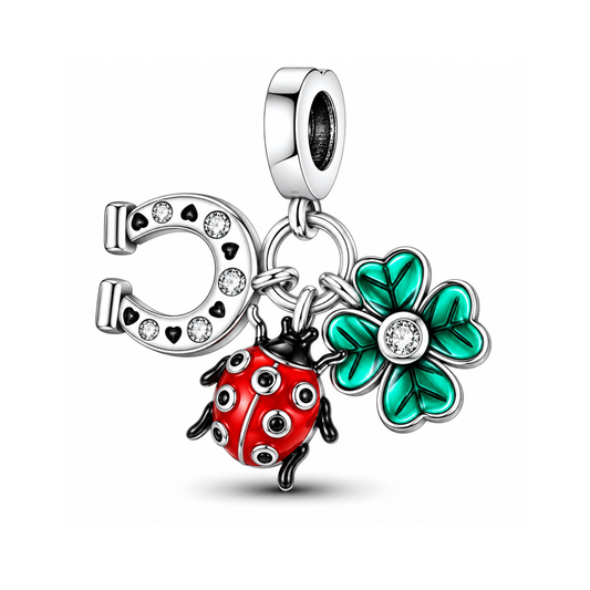 Horse Shoe Clover Ladybug Dangle Sterling Silver Charm Hallmarked S925 for Charm Bracelet and Necklace