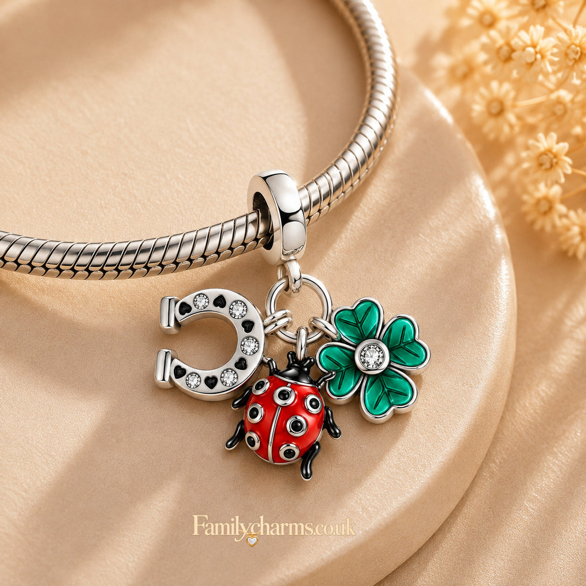 Horse Shoe Clover Ladybug Dangle Sterling Silver Charm Hallmarked S925 for Charm Bracelet and Necklace