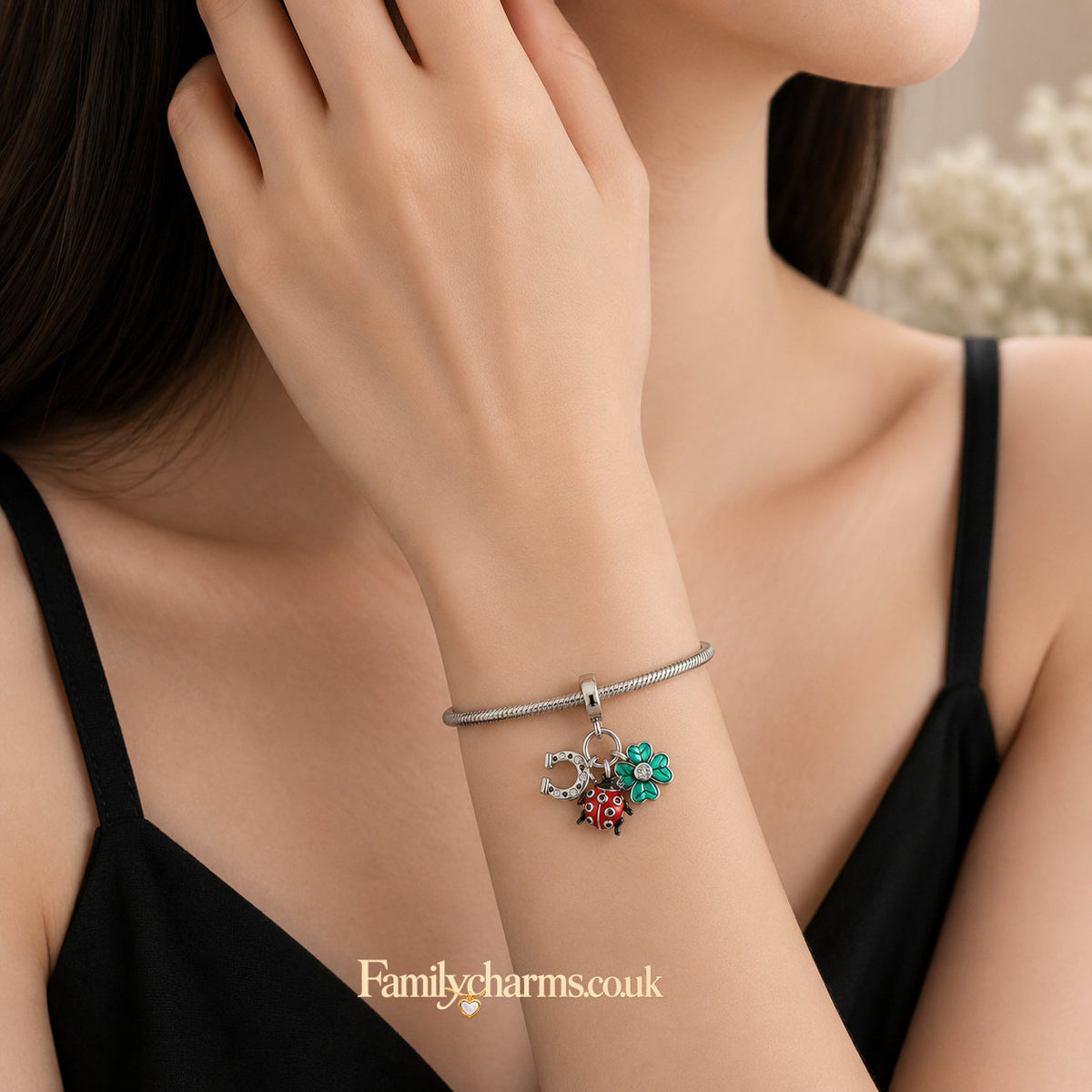 Horse Shoe Clover Ladybug Dangle Sterling Silver Charm Hallmarked S925 for Charm Bracelet and Necklace