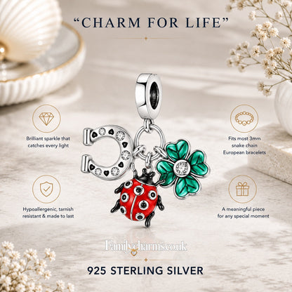 Horse Shoe Clover Ladybug Dangle Sterling Silver Charm Hallmarked S925 for Charm Bracelet and Necklace