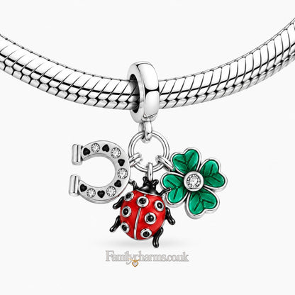 Horse Shoe Clover Ladybug Dangle Sterling Silver Charm Hallmarked S925 for Charm Bracelet and Necklace