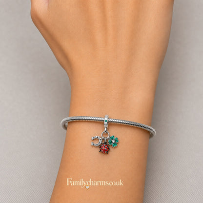 Horse Shoe Clover Ladybug Dangle Sterling Silver Charm Hallmarked S925 for Charm Bracelet and Necklace