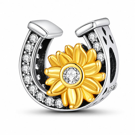 Horseshoe and Sunflower Charm for Bracelet, S925 Sterling Silver