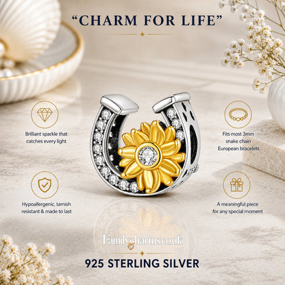 Horseshoe and Sunflower Charm for Bracelet, S925 Sterling Silver