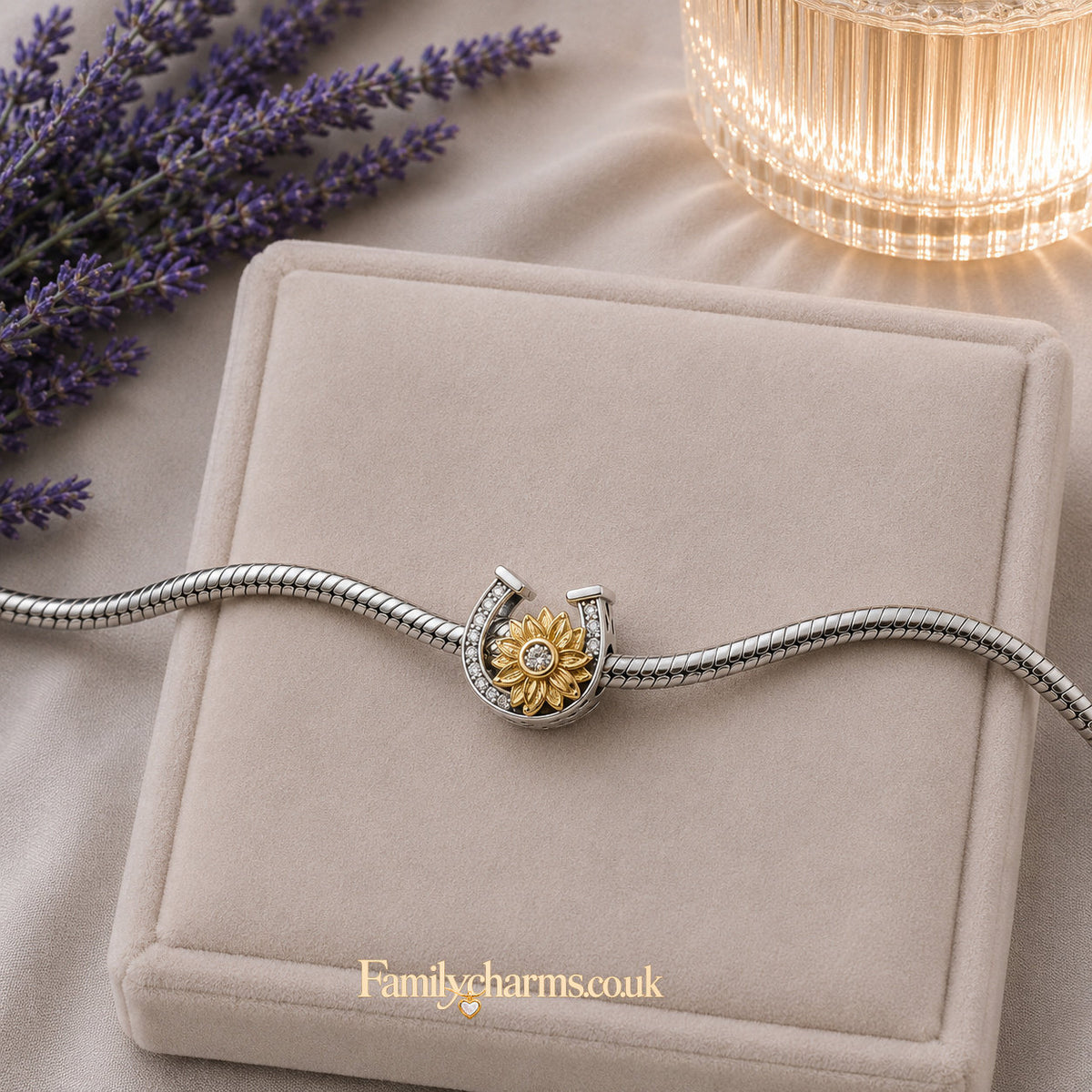 Horseshoe and Sunflower Charm for Bracelet, S925 Sterling Silver