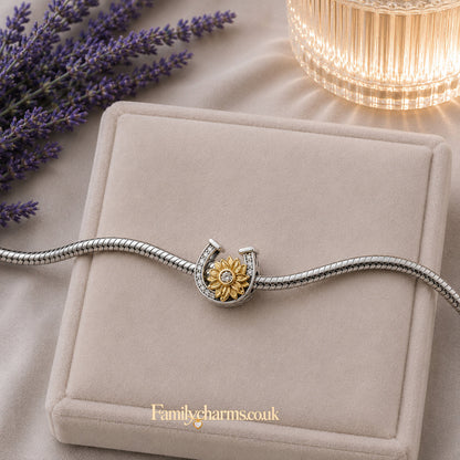 Horseshoe and Sunflower Charm for Bracelet, S925 Sterling Silver