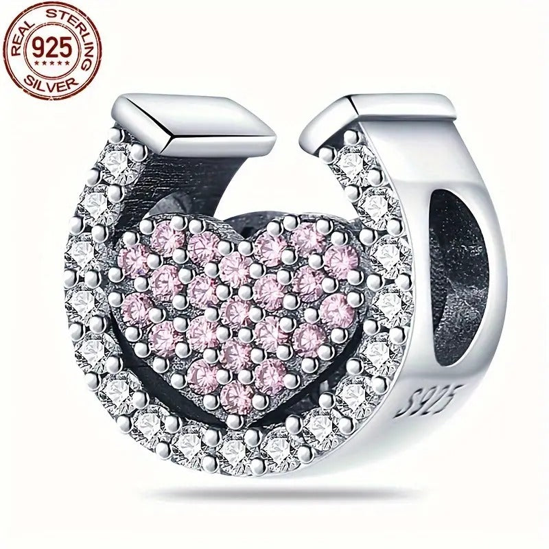 Horseshoe and Pink Heart Sterling Silver Charm Hallmarked S925 for Charm Bracelet and Necklace