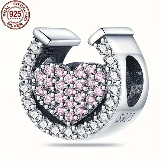 Horseshoe and Pink Heart Sterling Silver Charm Hallmarked S925 for Charm Bracelet and Necklace