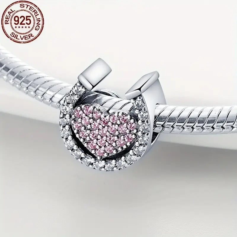 Horseshoe and Pink Heart Sterling Silver Charm Hallmarked S925 for Charm Bracelet and Necklace