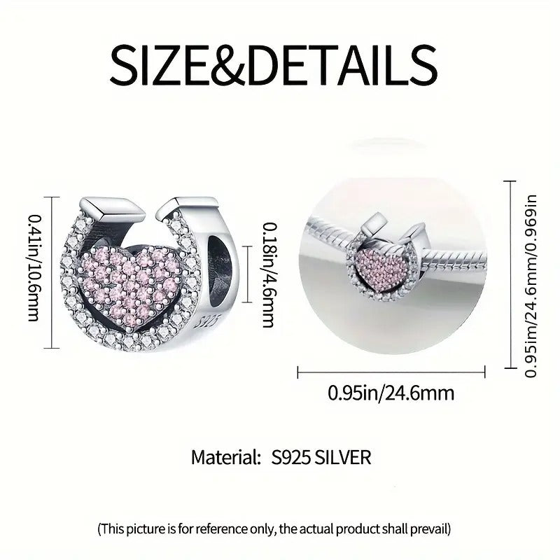 Horseshoe and Pink Heart Sterling Silver Charm Hallmarked S925 for Charm Bracelet and Necklace