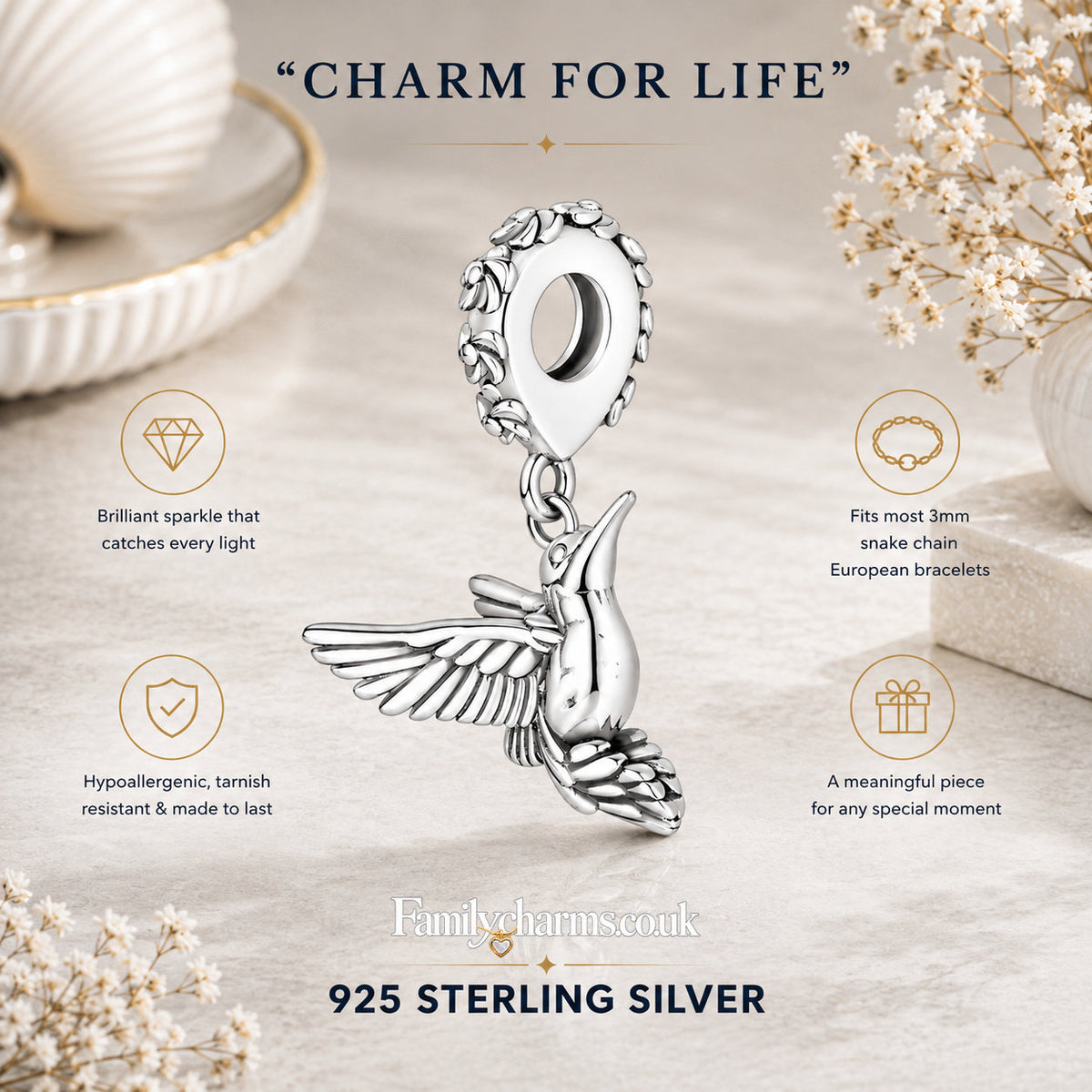 Hummingbird Charm for Bracelet, S925 Sterling Silver
