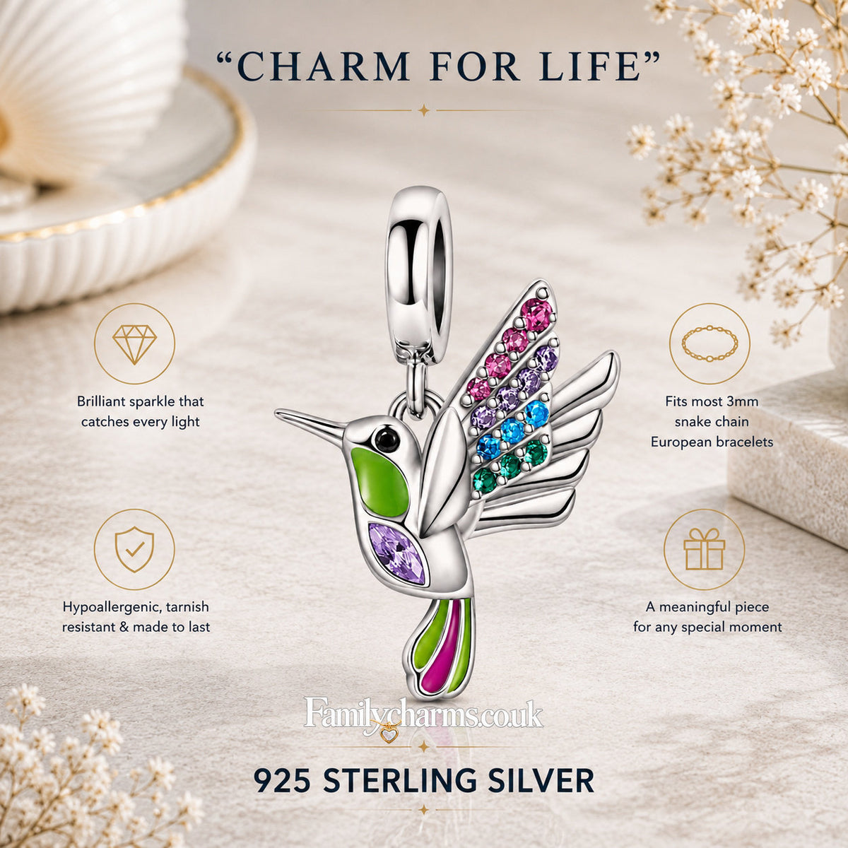Hummingbird Pendant Sterling Silver Charm Hallmarked S925 for Charm Bracelet and Necklace