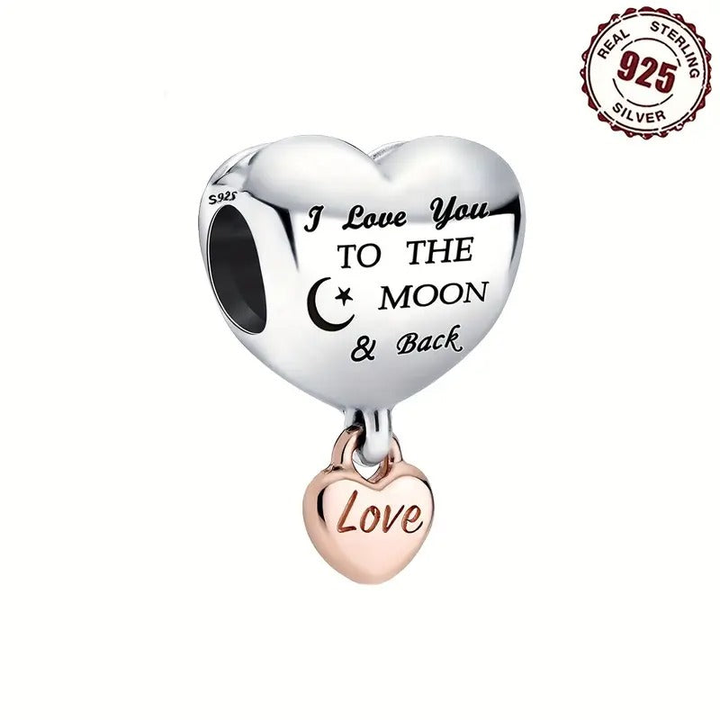 I Love To The Moon and Back Love Charm Bead Sterling Silver Charm Hallmarked S925 for Charm Bracelet and Necklace