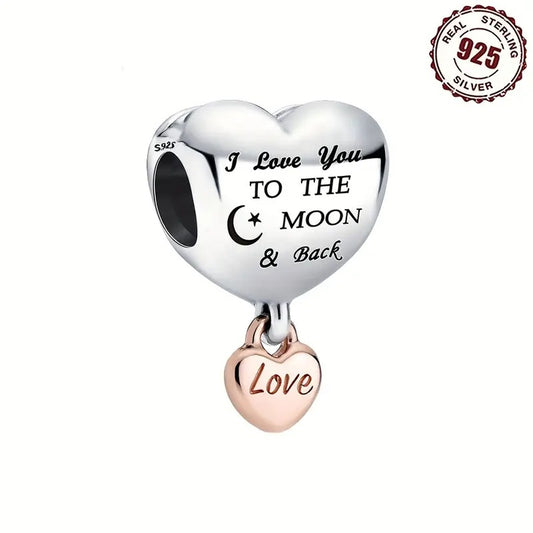 I Love To The Moon and Back Love Charm Bead Sterling Silver Charm Hallmarked S925 for Charm Bracelet and Necklace