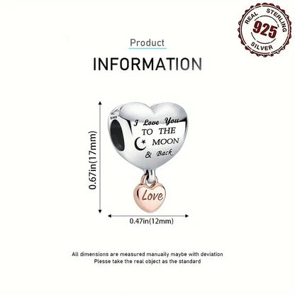 I Love To The Moon and Back Love Charm Bead Sterling Silver Charm Hallmarked S925 for Charm Bracelet and Necklace