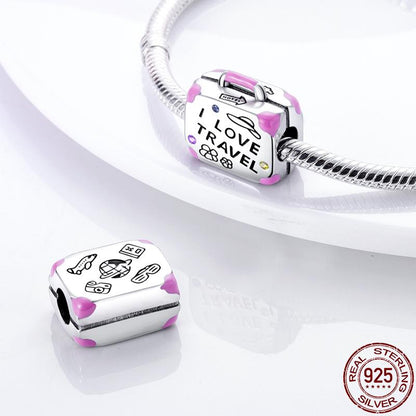 I Love Travel Suitcase Sterling Silver Charm Hallmarked S925 for Charm Bracelet and Necklace
