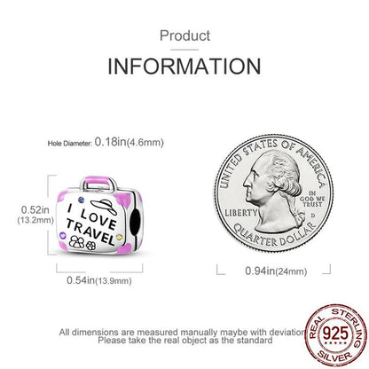 I Love Travel Suitcase Sterling Silver Charm Hallmarked S925 for Charm Bracelet and Necklace