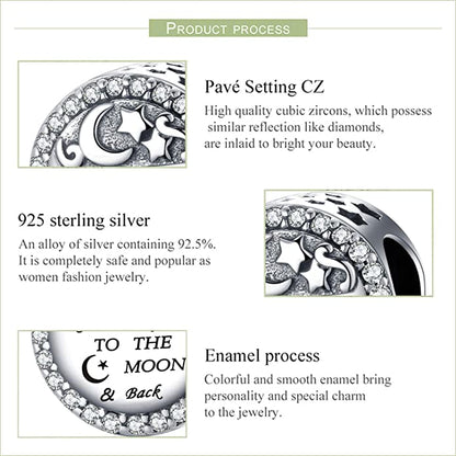 I Love You to The Moon and Back Sterling Silver Charm Hallmarked S925 for Charm Bracelet and Necklace