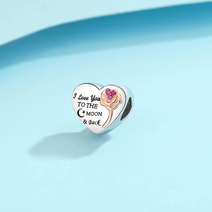 I Love You to The Moon and Back Heart Sterling Silver Charm Hallmarked S925 for Charm Bracelet and Necklace