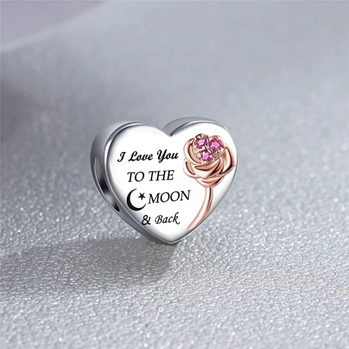 I Love You to The Moon and Back Heart Sterling Silver Charm Hallmarked S925 for Charm Bracelet and Necklace