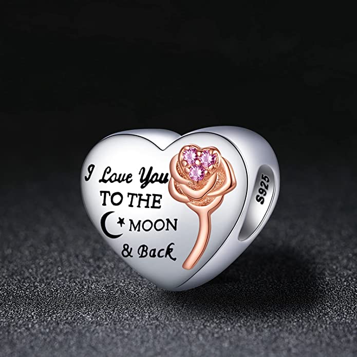 I Love You to The Moon and Back Heart Sterling Silver Charm Hallmarked S925 for Charm Bracelet and Necklace